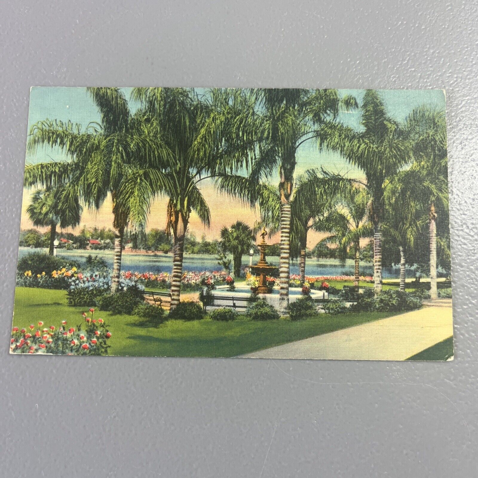Vintage 1937 Beautiful Fountain Amidst Tropical Paradise Florida FL Postcard 