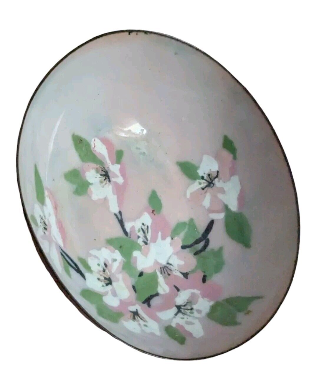 Enamel on Copper Bowl Hand Painted Pink White Dogwood Flowers Vtg 1930s Art Deco