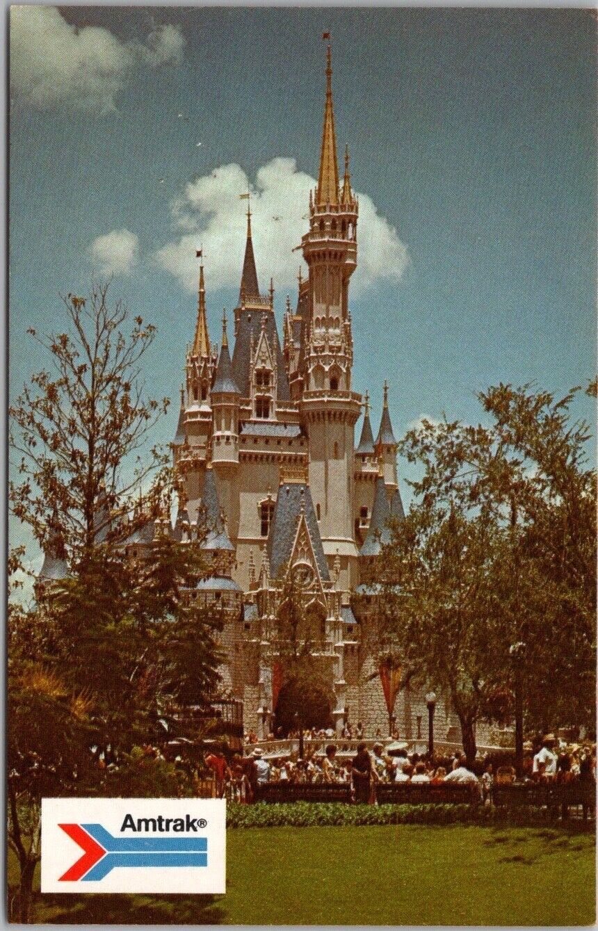 c1970s WALT DISNEY WORLD Orlando Postcard AMTRAK Train Ad / Cinderella Castle