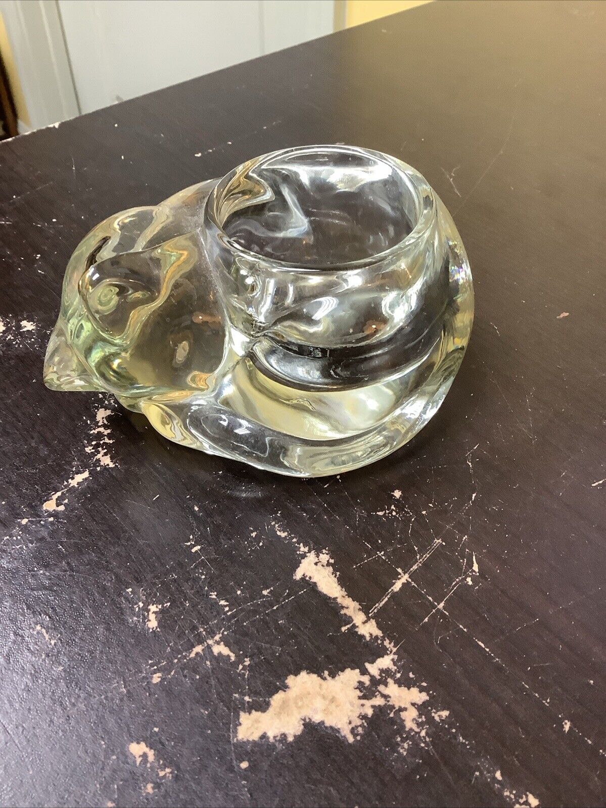 Vintage 1980's AVON SLEEPING CAT Clear Glass Votive Candle Holder