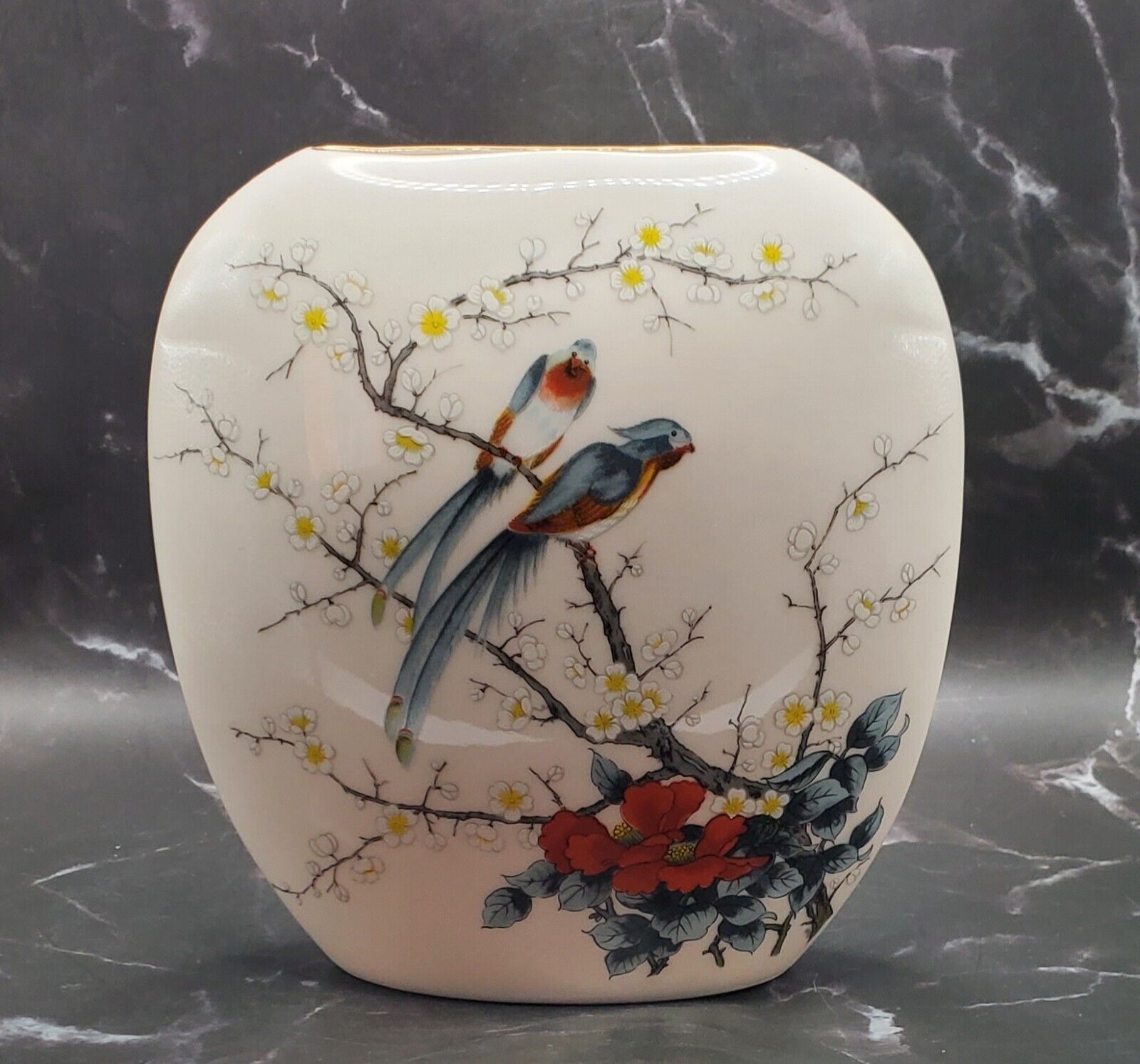 Vintage JAY JAPAN Fine China Porcelain Oval Vase Exotic Birds in Cherry Tree