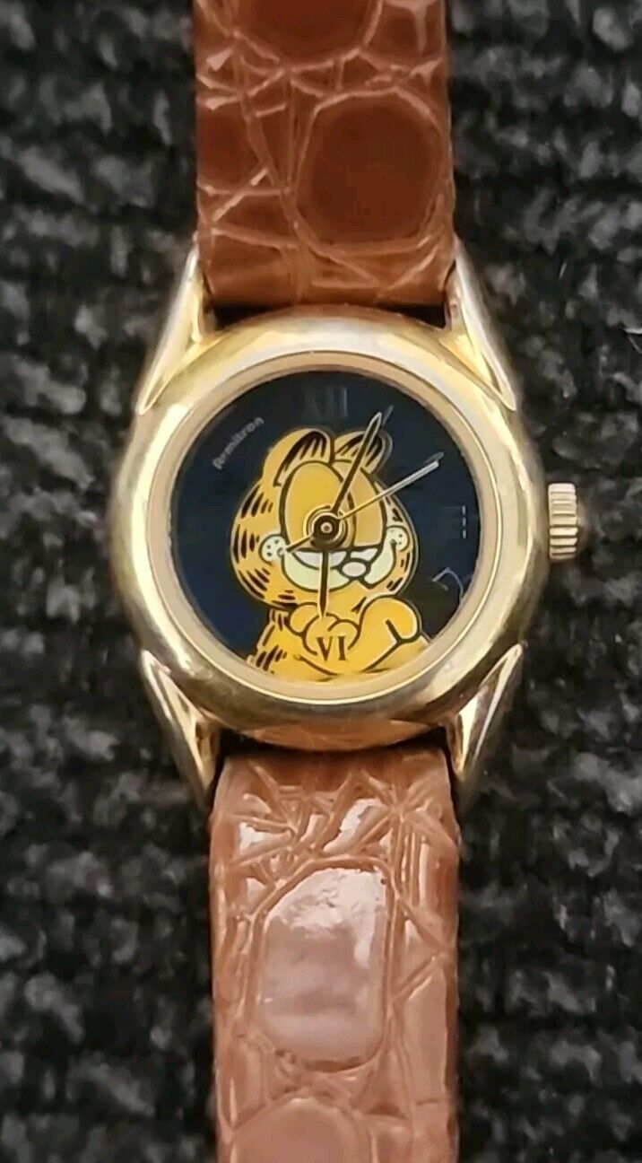 Vintage 1970's Armitron Garfield Watch Gold, original Leather Band And Buckle
