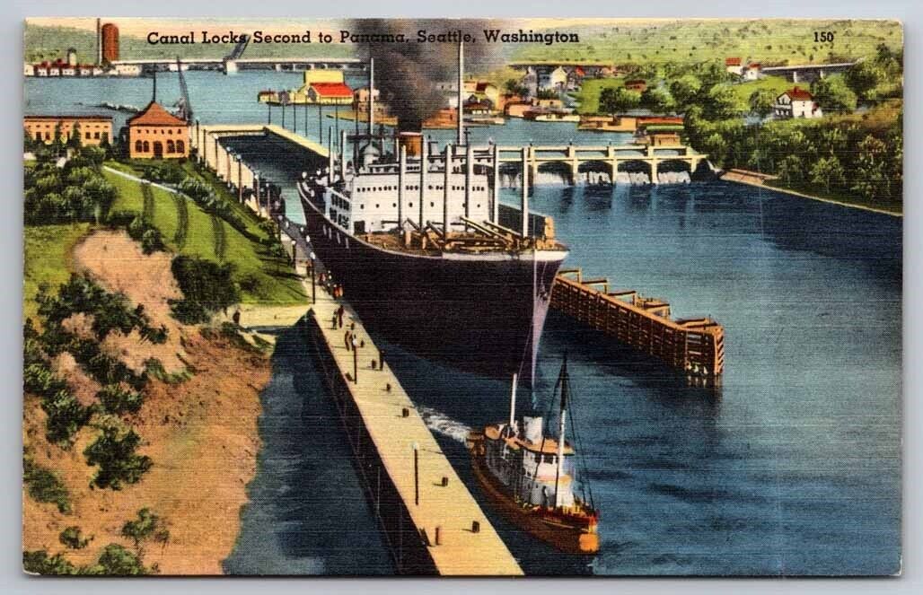 Canal Locks Seattle WA Washington c1940 Postcard
