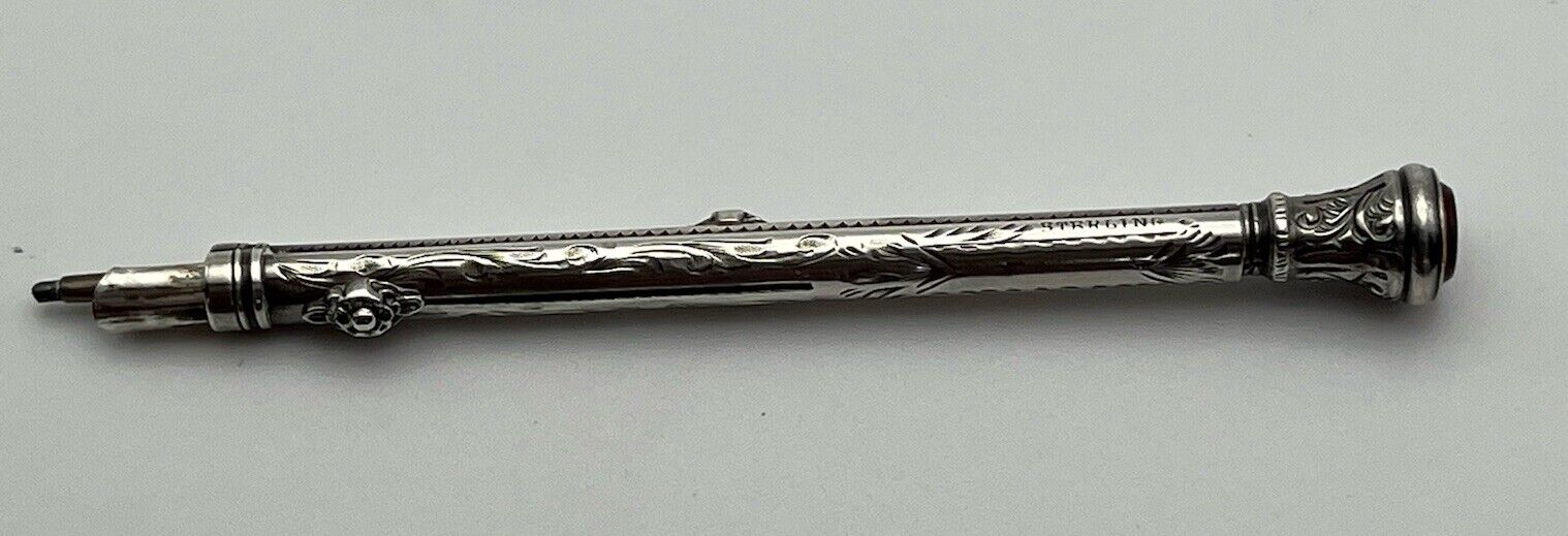 Antique Ornate With Amber Sterling Silver Sliding Propelling Pencil