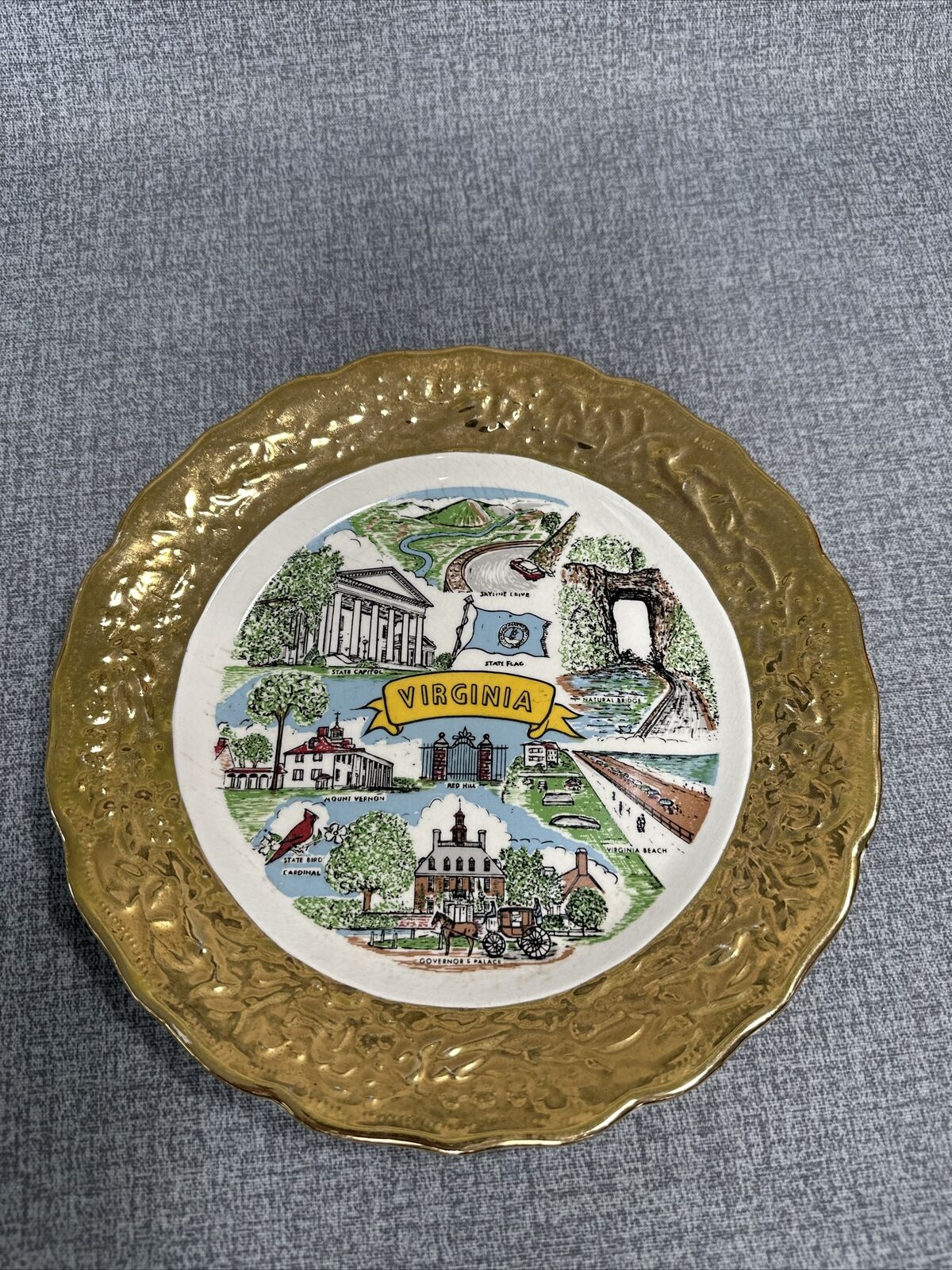 RARE VINTAGE Virginia 22K CROWN O GOLD 9.25” Souvenir Plate BEAUTIFUL USA MADE