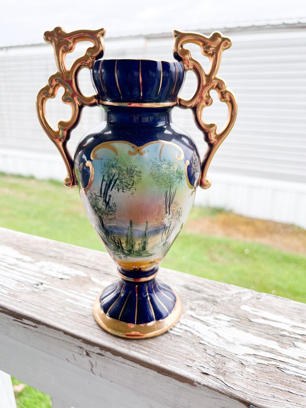 Blue Gold Antique Vase With Pretty Scenery Design Hand Painted Shabby Ornate
