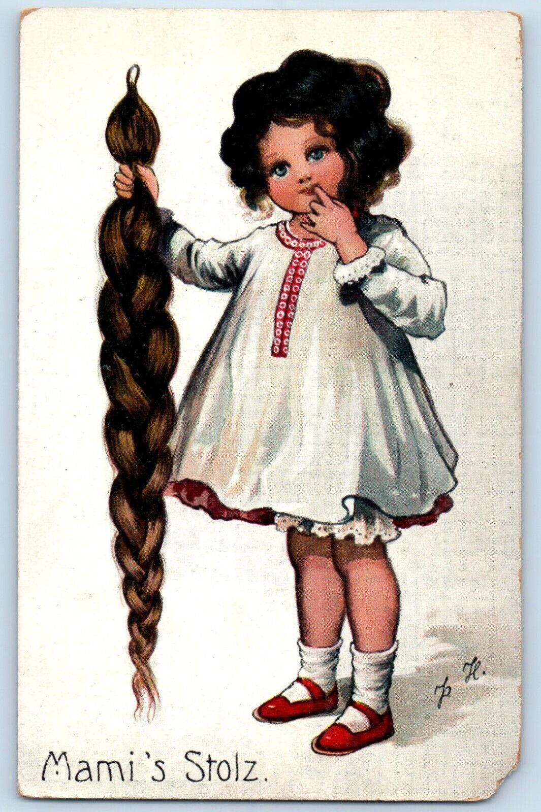 Little Girl Postcard Haircut Curly Long Hair Braided c1910's Posted Antique