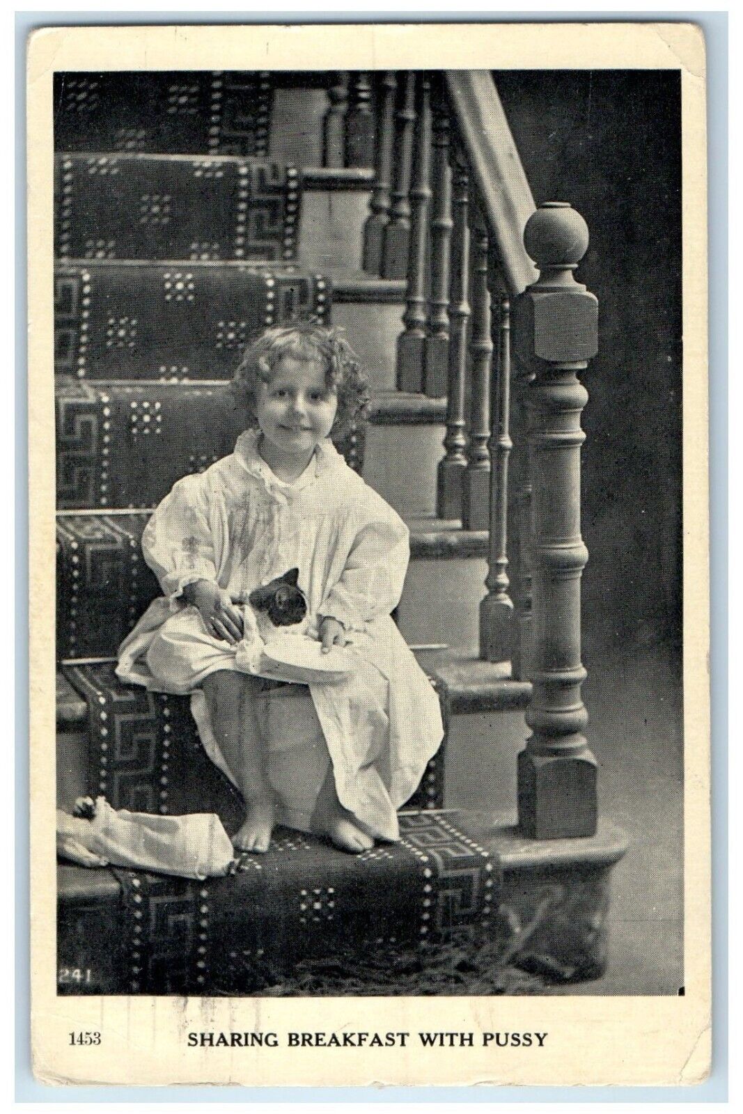 1910 Little Kid Sharing Breakfast With Pussy Parkers Prairie MN Posted Postcard