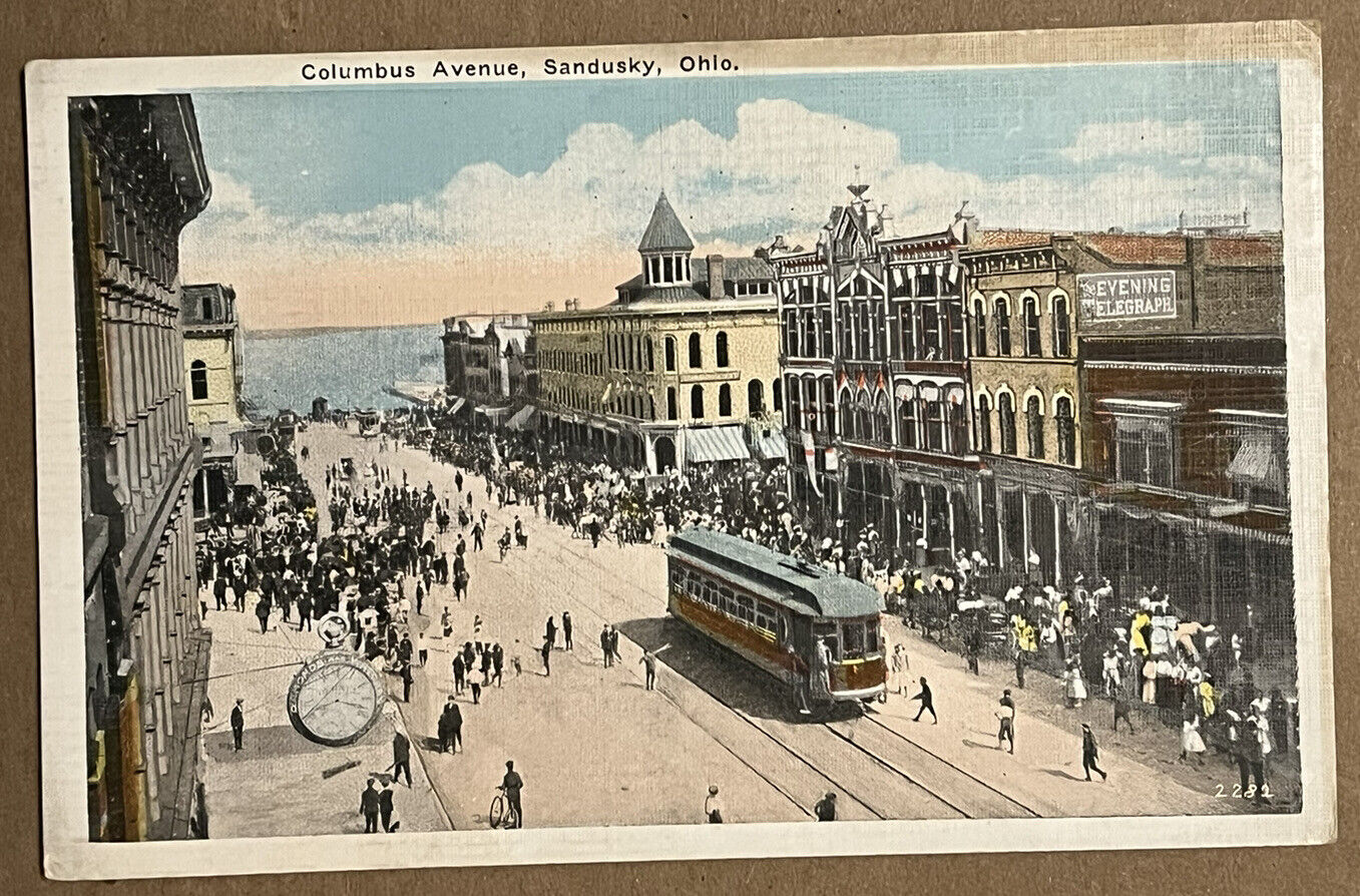 Sandusky Ohio Columbus Avenue Huge Clock Antique Postcard c1920