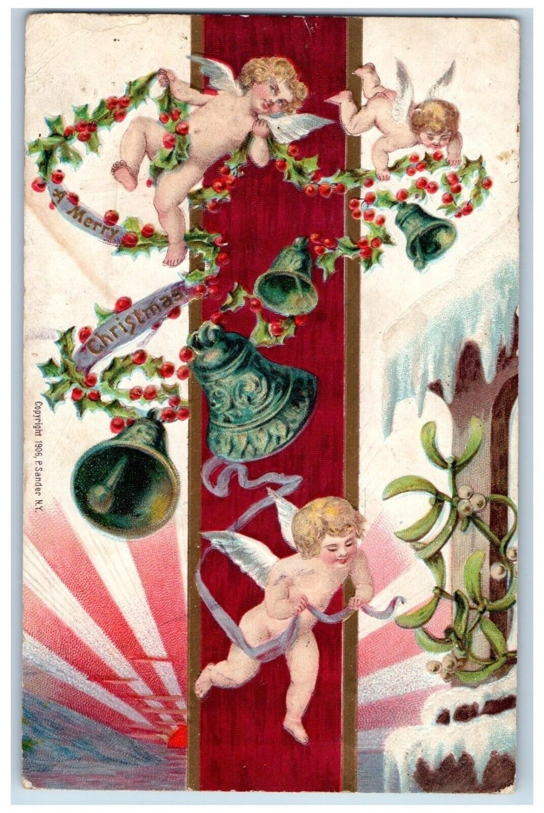 P. Sander Artist Signed Postcard New Year Angel Cherubs Bells Berries Mistletoe