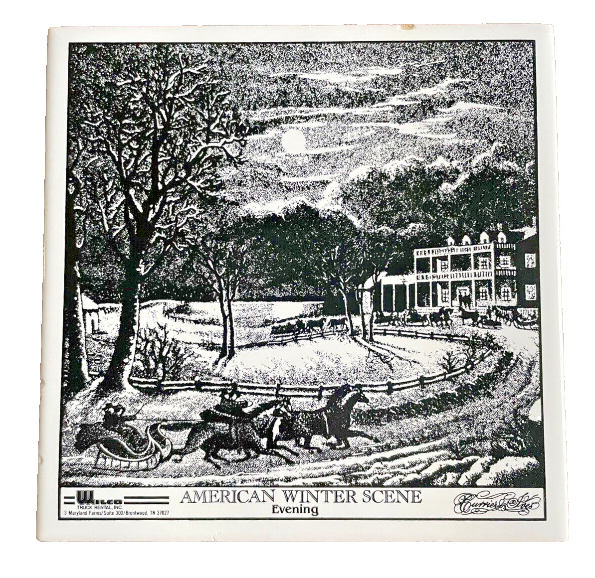 Trivet Currier and Ives American Winter Tile Black White Horse Carriage 6 In Sq