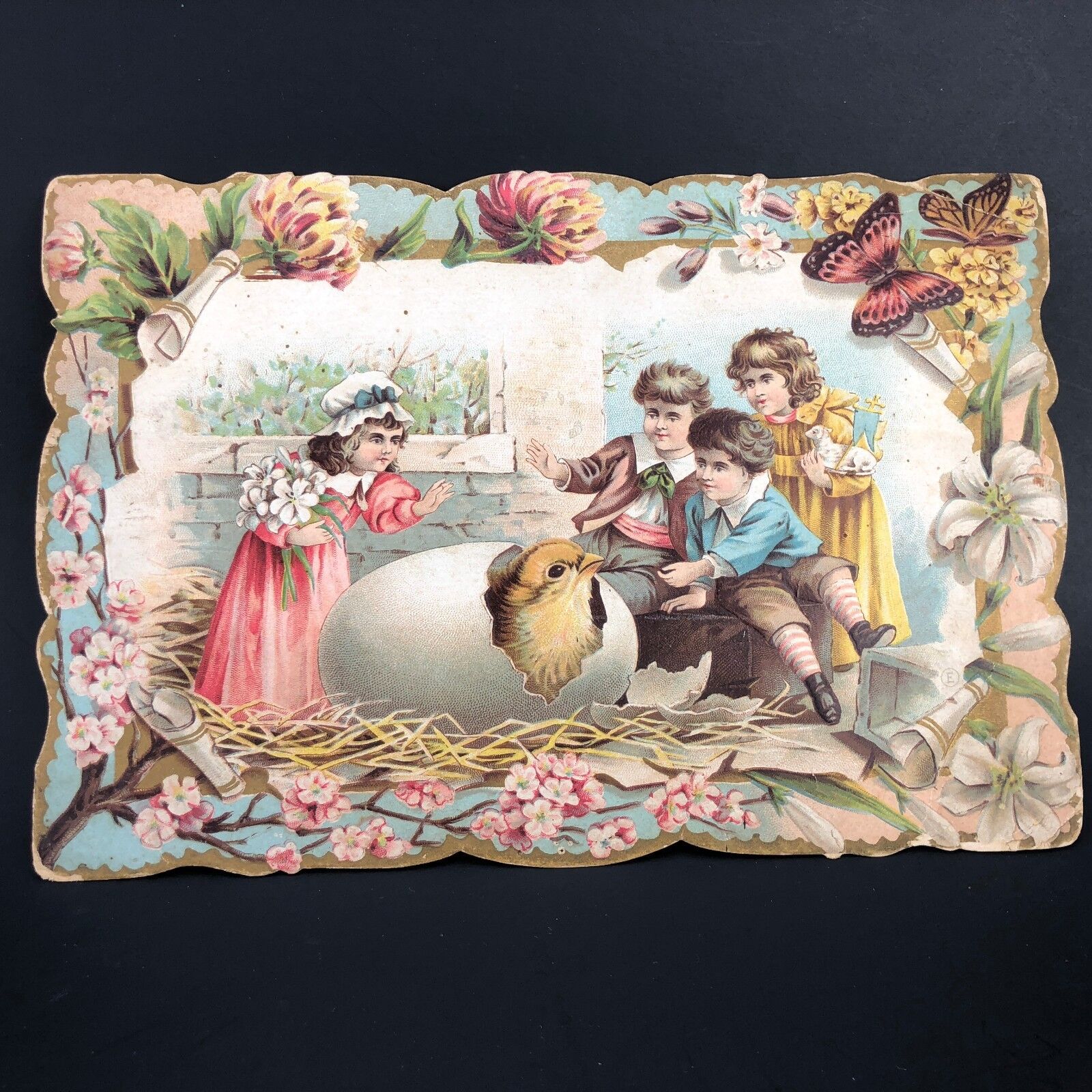 Easter Victorian Card Children Giant Chick Hatching Egg 9