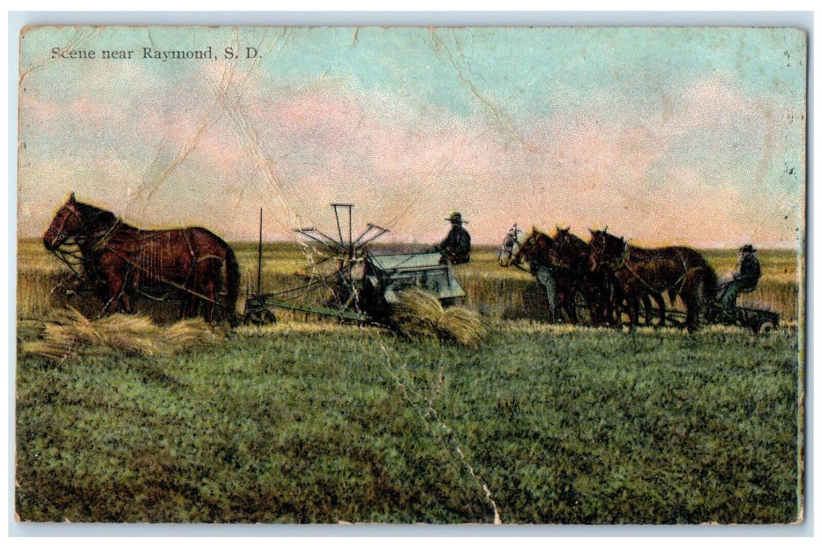 1911 Scene Near Horse Farming Exterior View Field Raymond South Dakota Postcard
