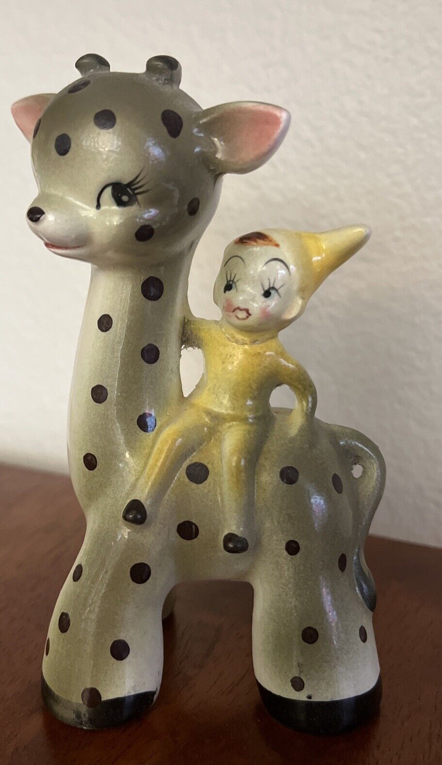 Vintage Yellow Pixie Riding Spotted Giraffe