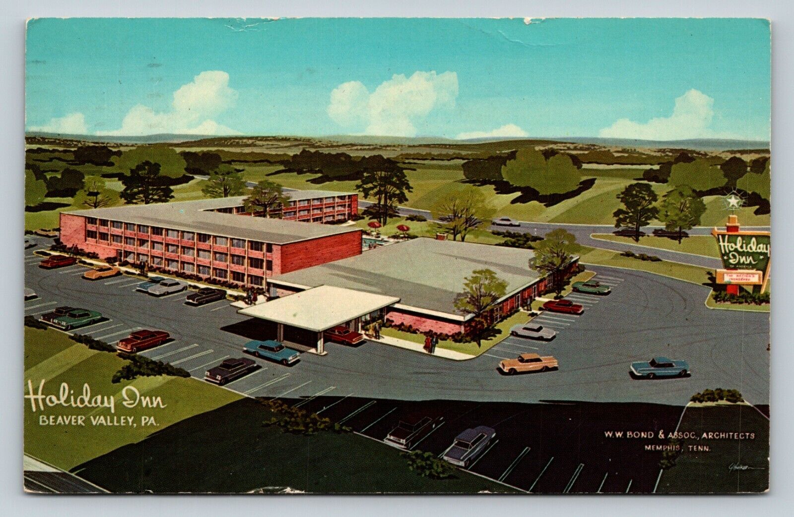 Holiday Inn BEAVER FALLS Pennsylvania PA Old Cars VINTAGE Ad Postcard