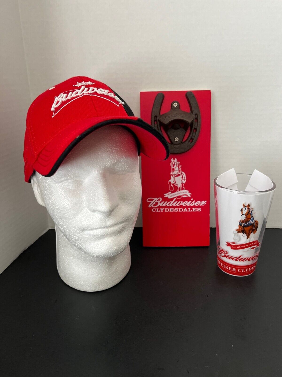 Budweiser Merchandise Bundle-Hat, Bottle opener and Bud Clydesdales glass.