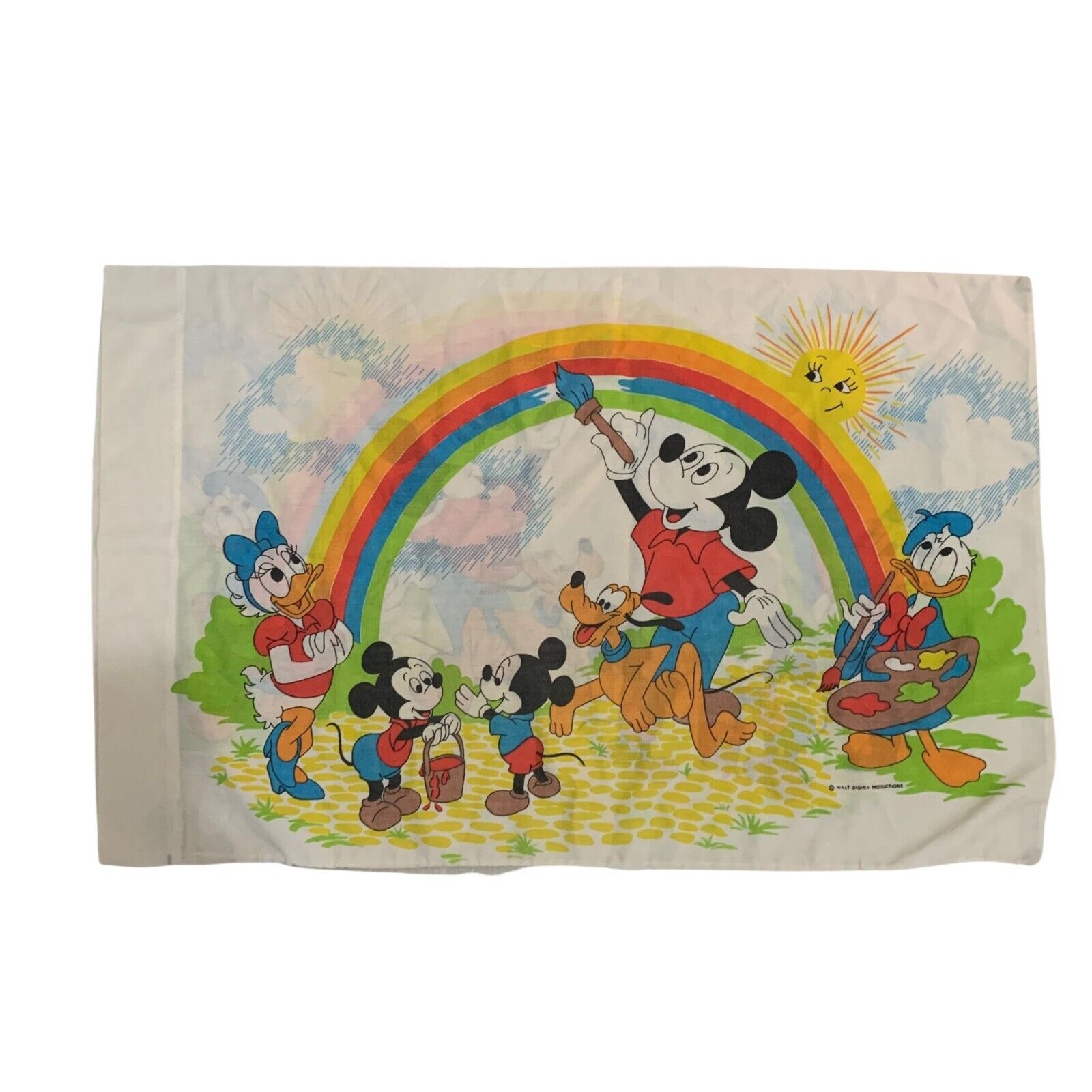 Vintage Walt Disney Productions Standard Pillow Case Mickey Minnie Donald Goofy