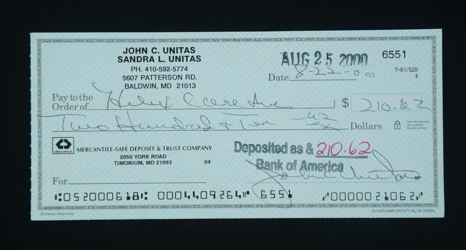 Johnny Unitas Signed 8/22/2000 Check Colts HOF QB Unitas Collection & JSA LOA