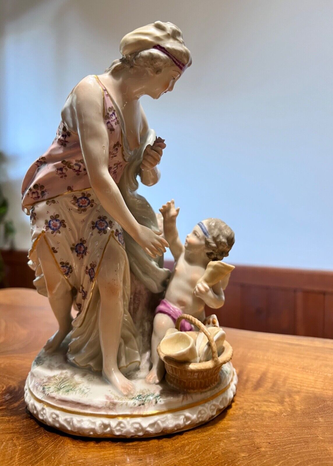Antique German Porcelain Figurine Woman and Cherub Meissen Style