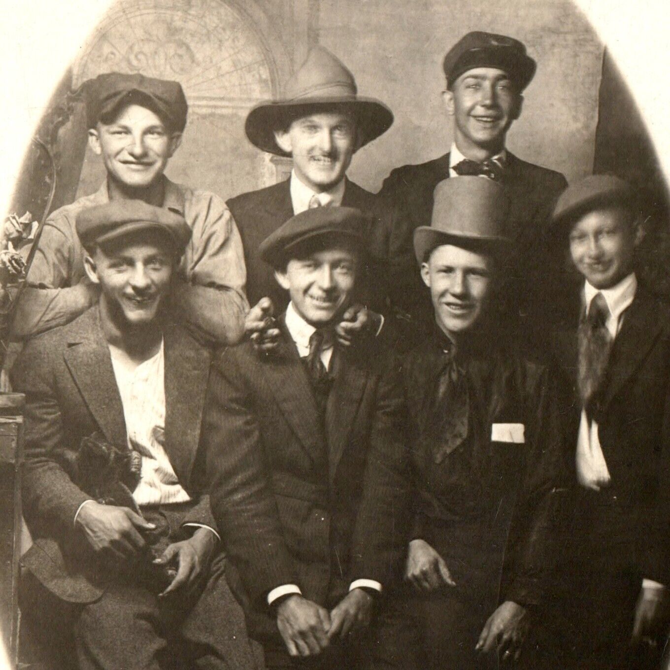 c1910s Friends Gang RPPC Laugh Handsome Men Real Photo Cool Hats Party Fun A161