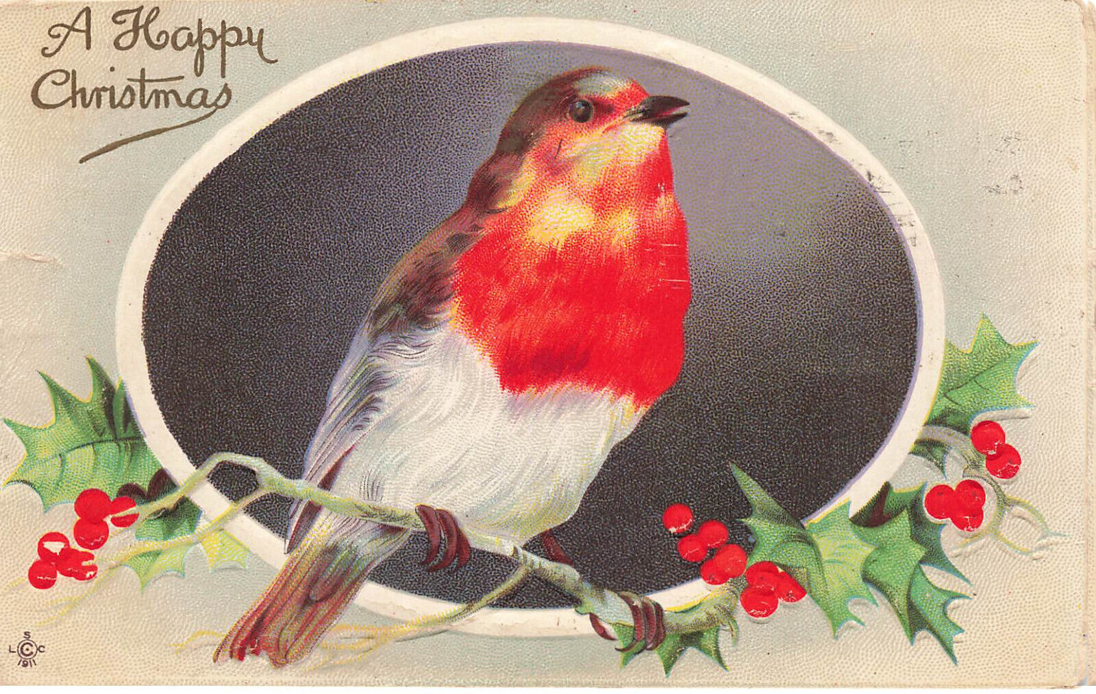 VINTAGE CHRISTMAS POSTCARD RED BREASTEDBIRD ON HOLLY TWIG 1916 EMBOSSED 120622 R