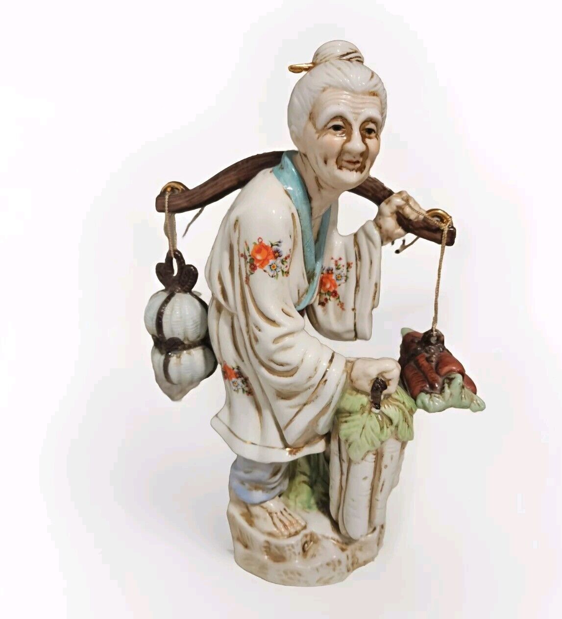 Vintage Porcelain Asian Lady Carrying Shoulder Yoke With Hanging Vegetables