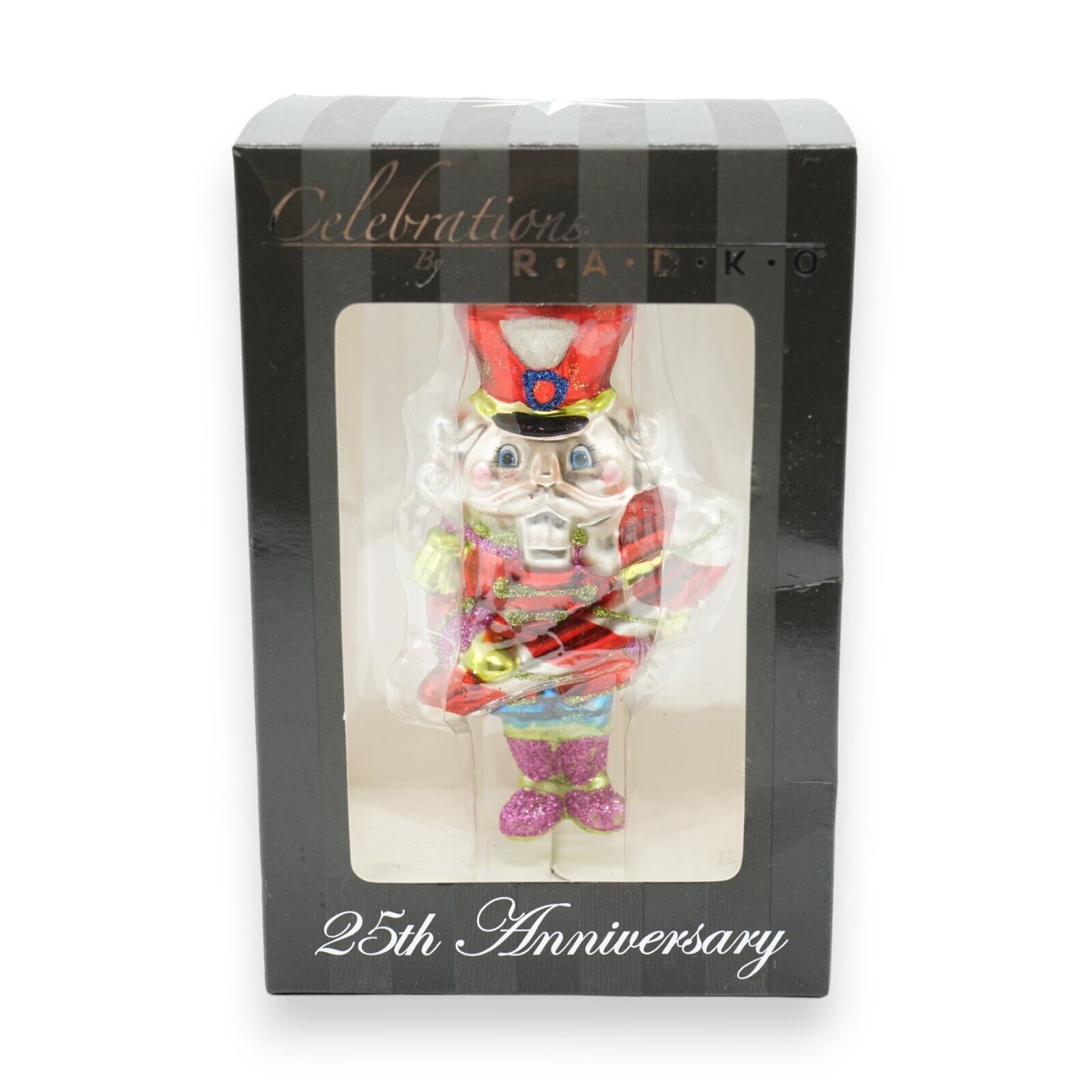 Christopher Radko 25th. Anniversary Glass Ornament Soldier Candy Cane 5” Glitter