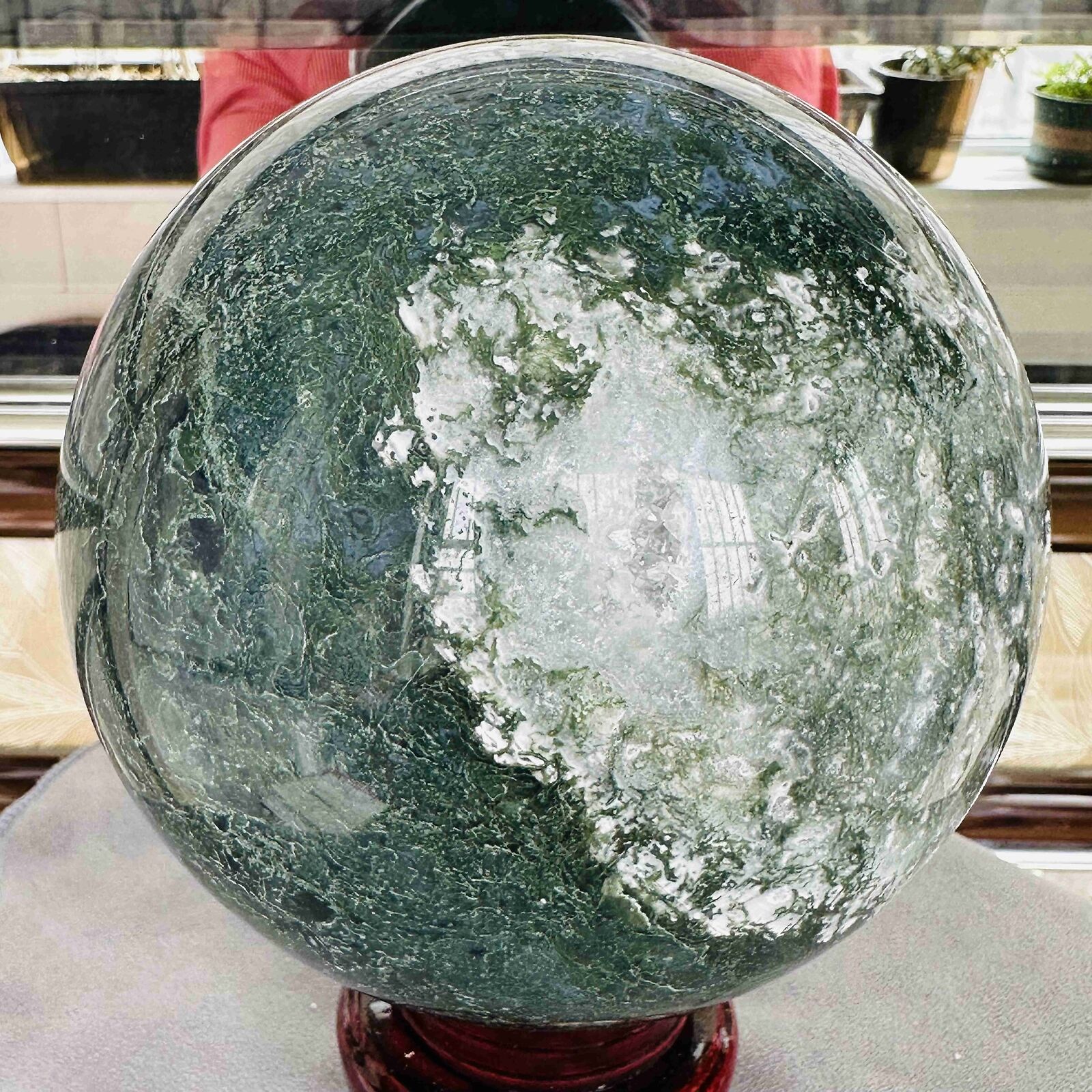Natural Geode Aquatic Plant Water Grass Moss Agate Crystal Sphere Reiki 3857G