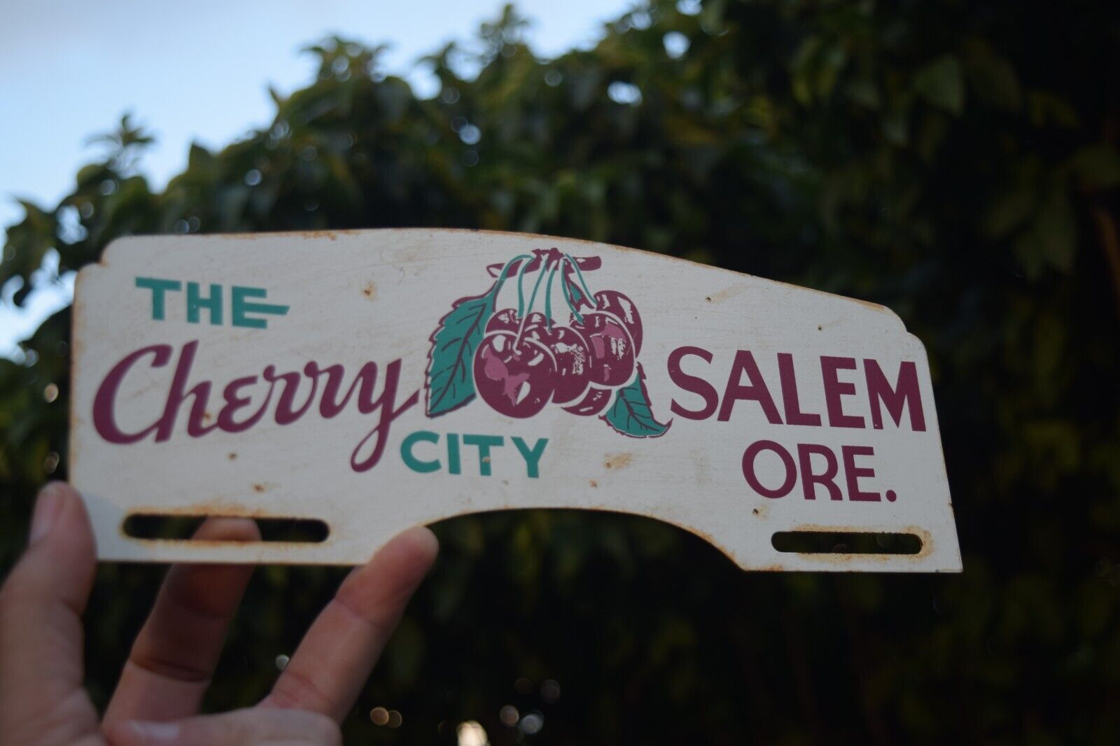 1950s VISIT CHERRY CITY SALEM OREGON PAINTED METAL TOPPER SIGN FRESH TREE FRUIT