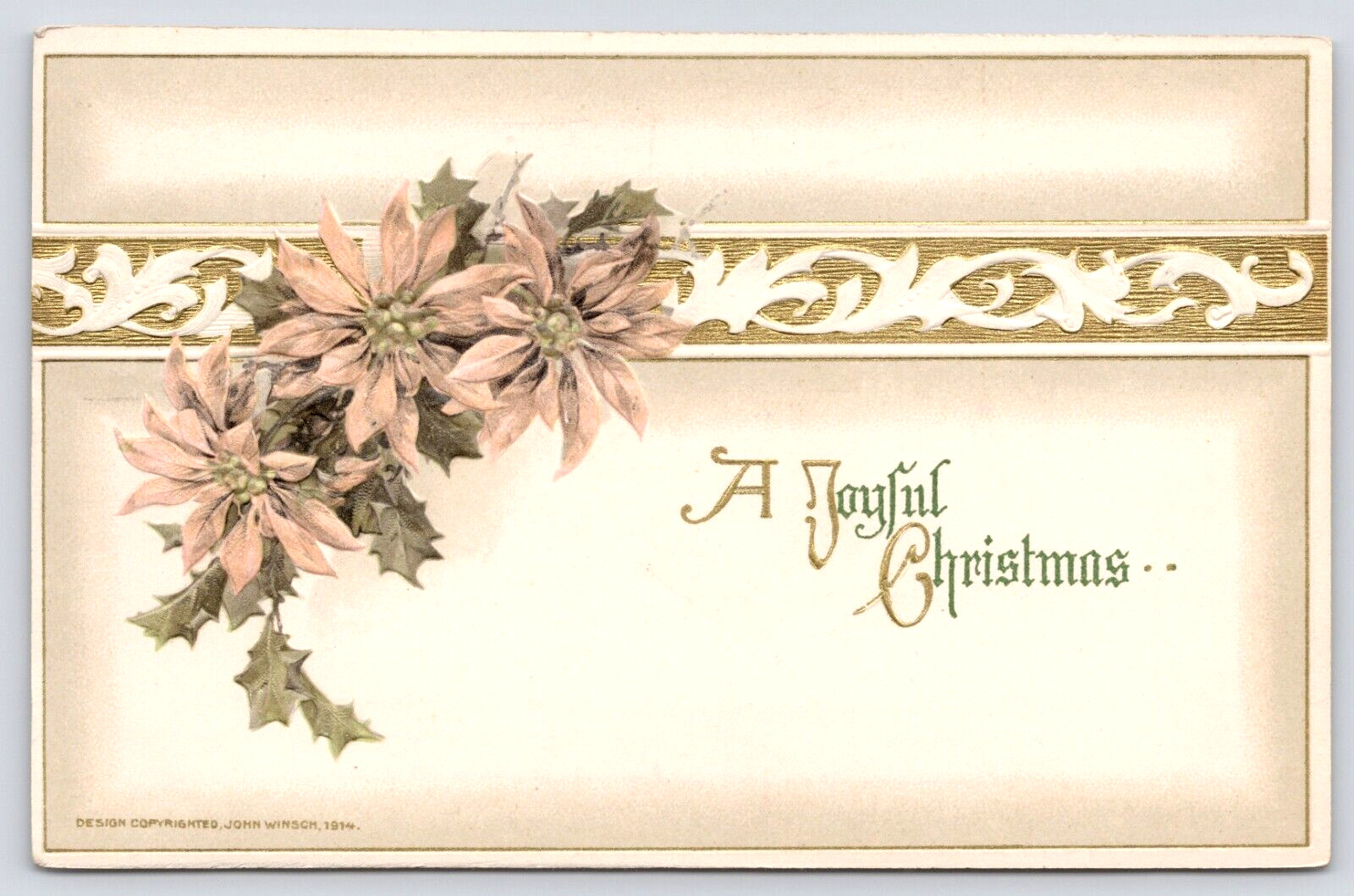 Postcard A Joyful Christmas Beautiful Pink Poinsettia Gold John Winsch C 1914