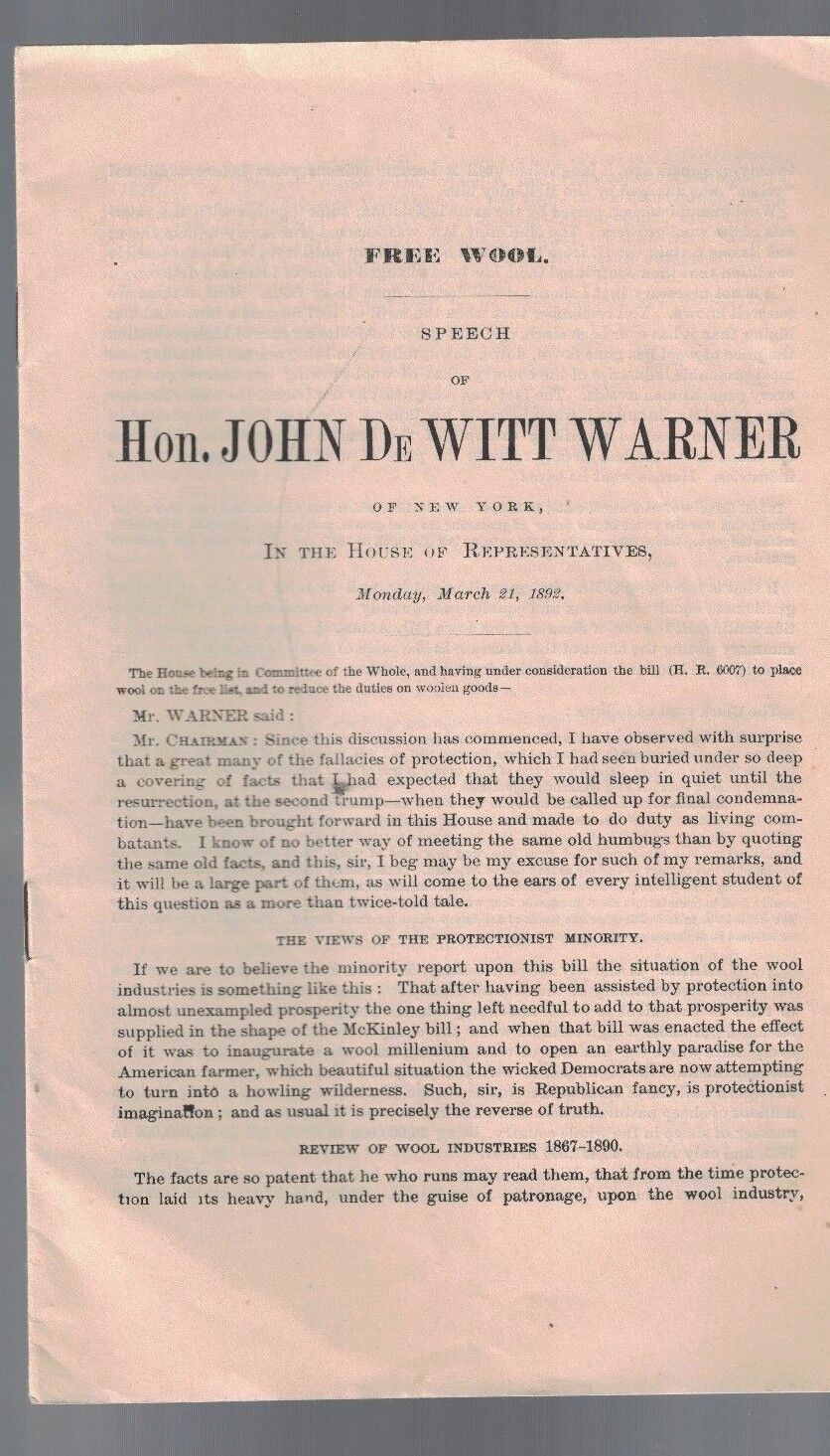 Free Wool 1892 Speech of John De Witt Warner of New York Booklet