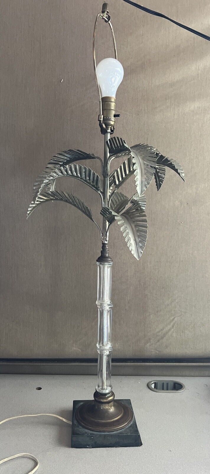 Vintage Hollywood Regency Metal Glass Palm Tree Lamp 35”
