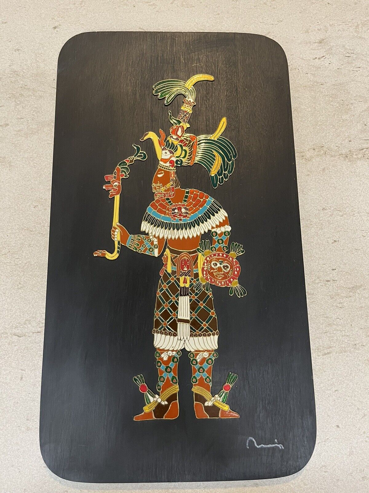 Aztec God Enamel Art On Wood, Signed, Mexico