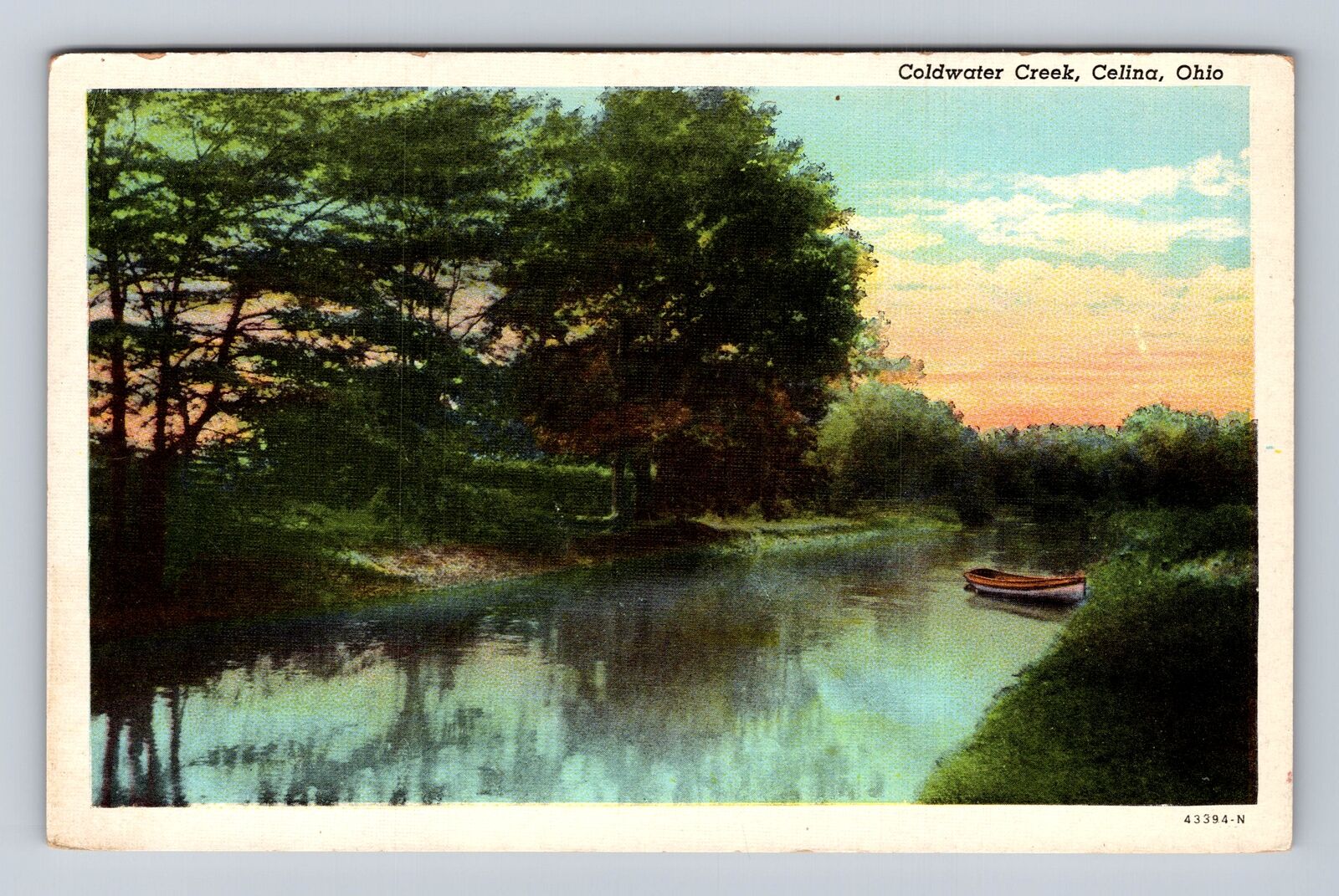 Celina OH-Ohio, Coldwater Creek At Sunset, Rowboat, Antique Vintage Postcard