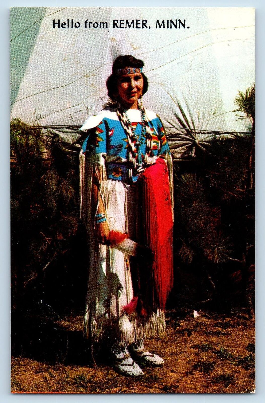 c1950's Hello From Remer Indian Woman Costume Minnesota Correspondence Postcard