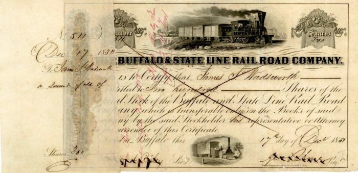 Buffalo and State Line Rail Road Co. Issued to James S. Wadsworth - Autographed 