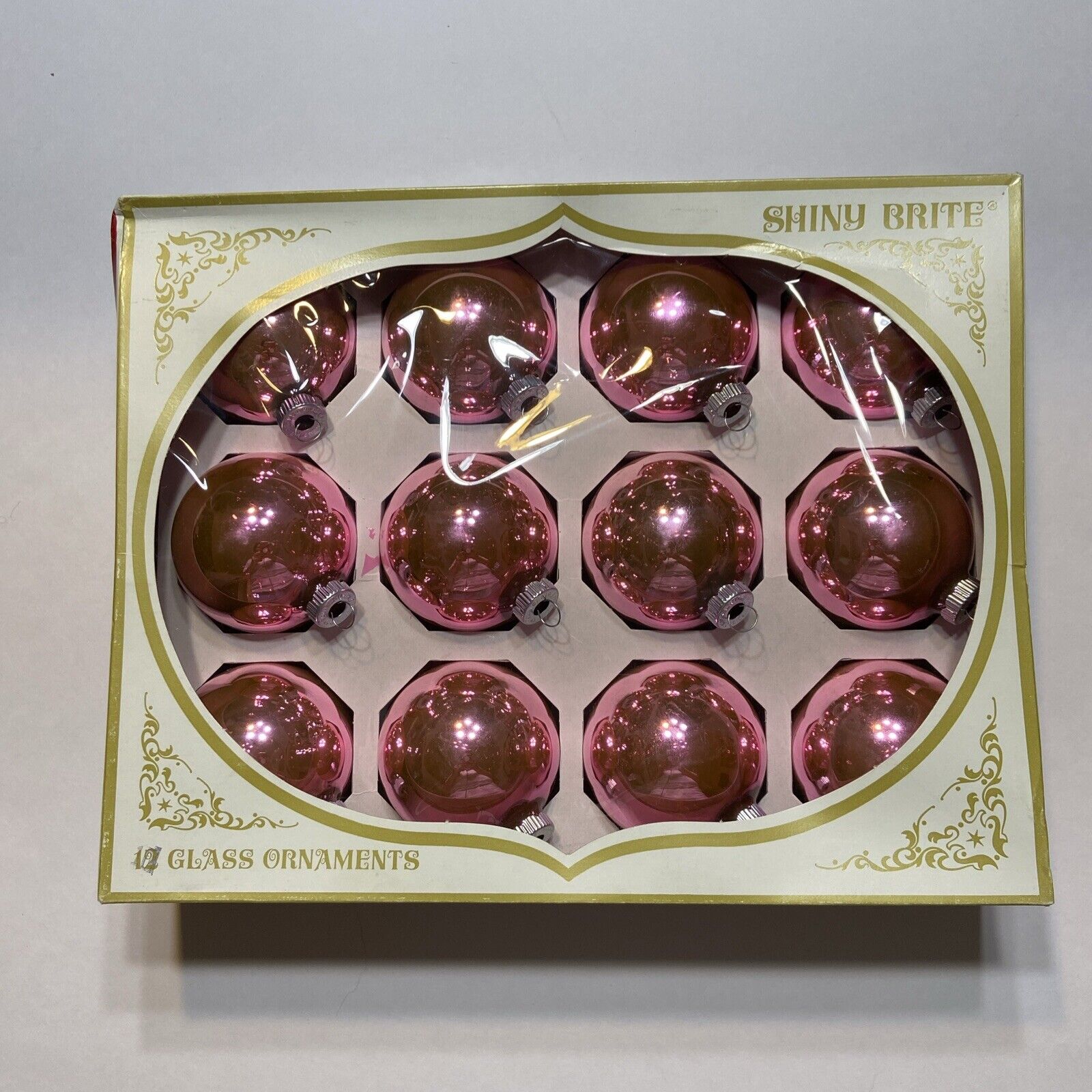 Vintage Shiny Brite Pink Glass Christmas Ball Ornaments Set Of 12.   EB48