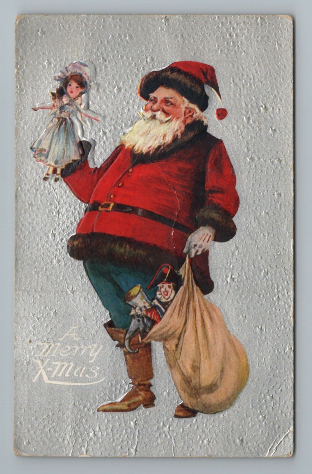 Santa Claus Christmas Toys Sack Silver Embossed Vintage Postcard