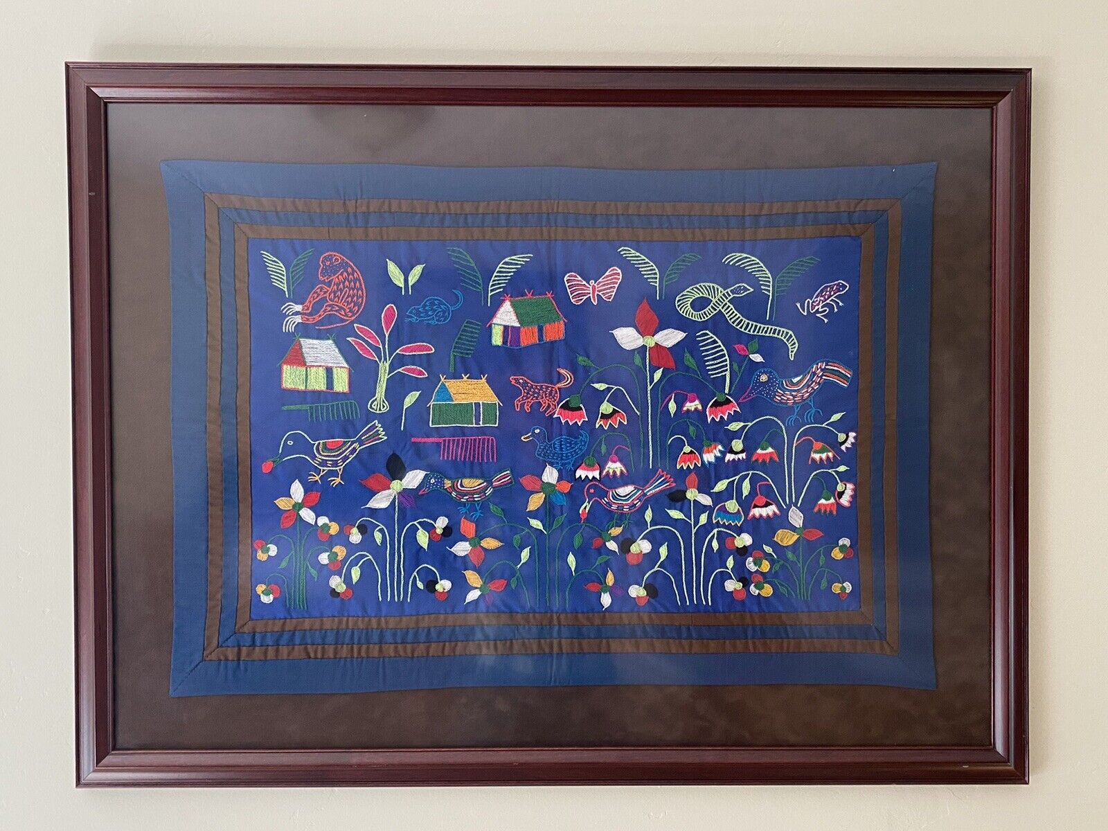 Traditional Hmong Embroidery Medium  Colorful Story Cloth Jungle Scene Framed