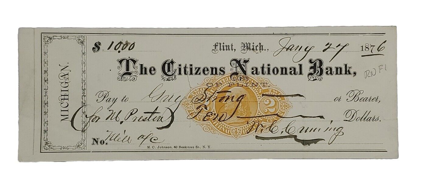 1876 Bank Check: The Citizens National Bank, Flint, MI