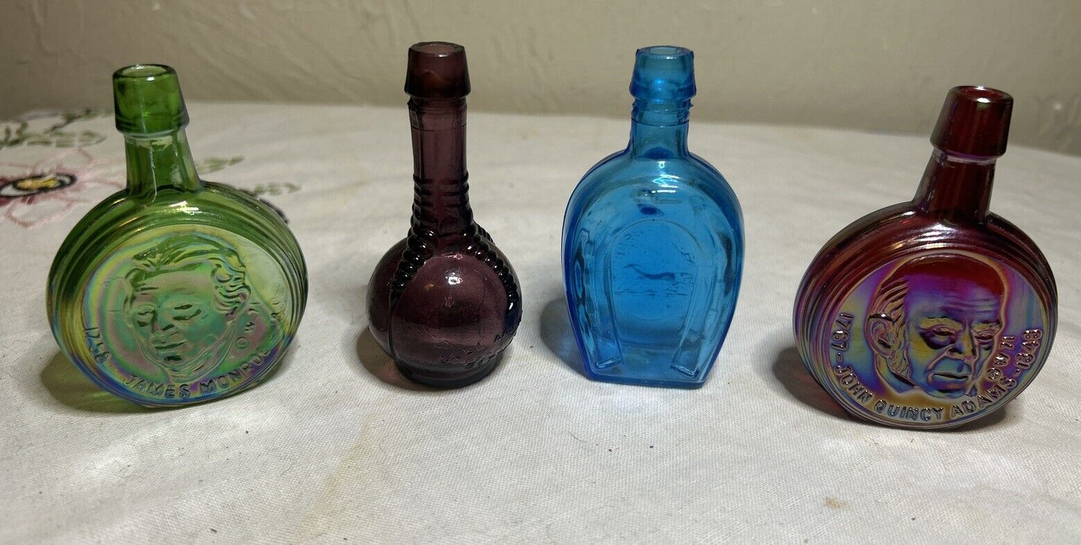 Vintage Miniature Colored Glass Bottle Lot Of Four. All 3 Inches