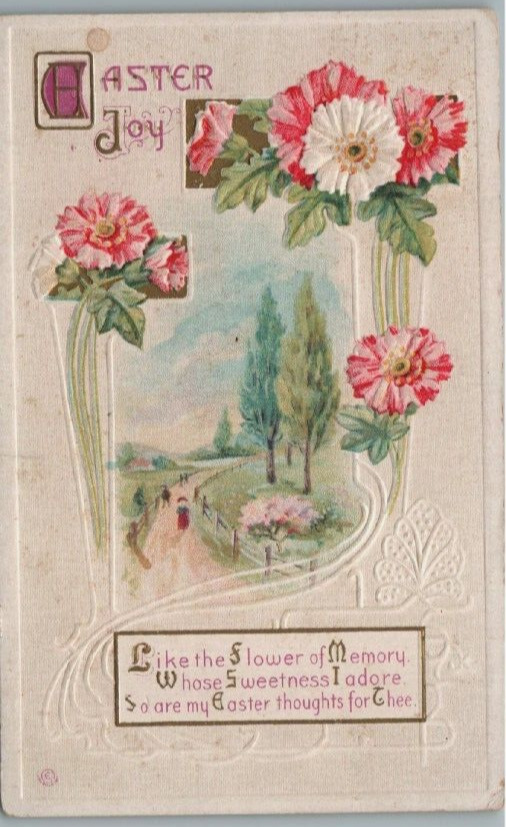 Vintage Victorian Postcard 1914 Easter Joy - Spring Scene with Daisies