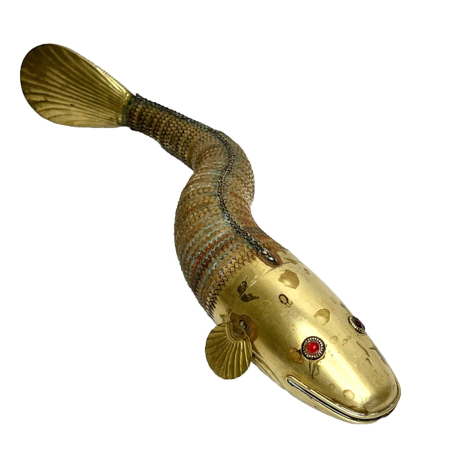 Antique Medina Brass Articulated Fish Red Glass Eyes 13” Long