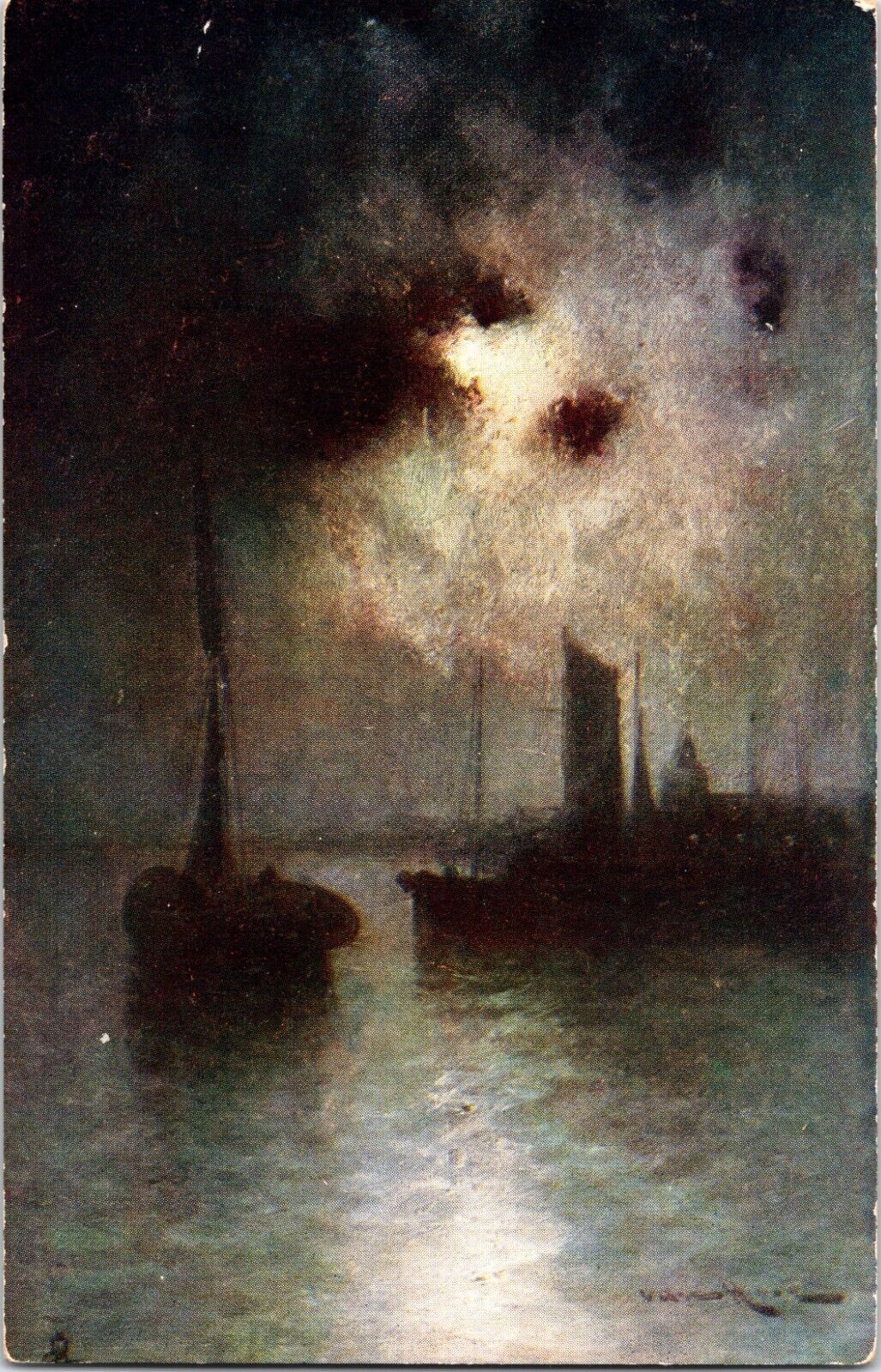 Tuck Postcard Sail Boats Moonlight On The River UK Artist Signed