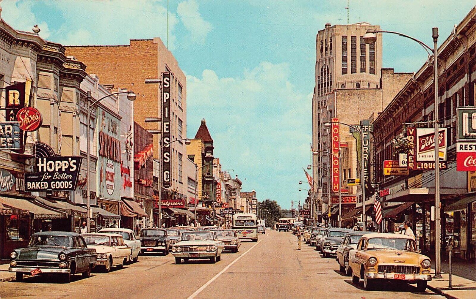 Elgin IL Illinois Grove Avenue Downtown Main Street 1950s Vtg Postcard A64