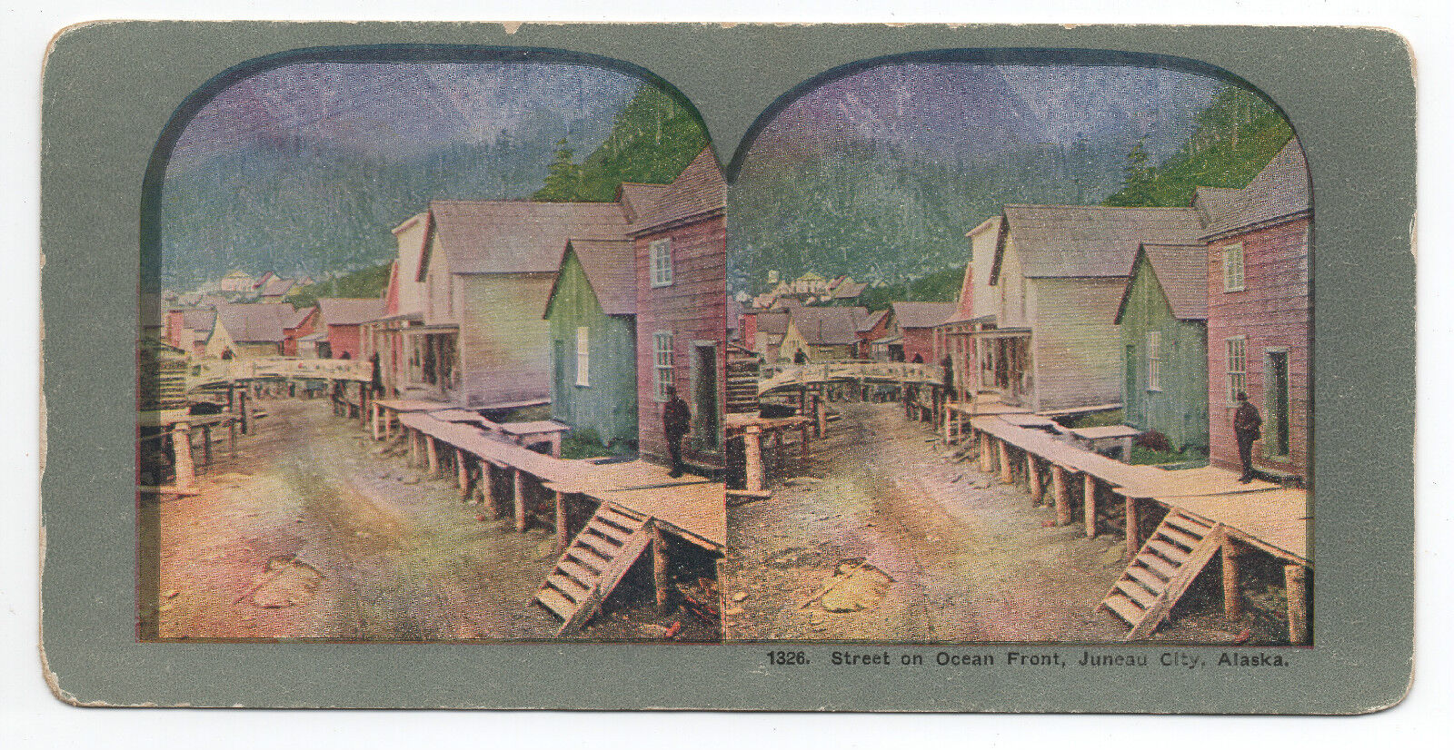 1900 Color Stereo Card of Street Scene in Juneau Alaska