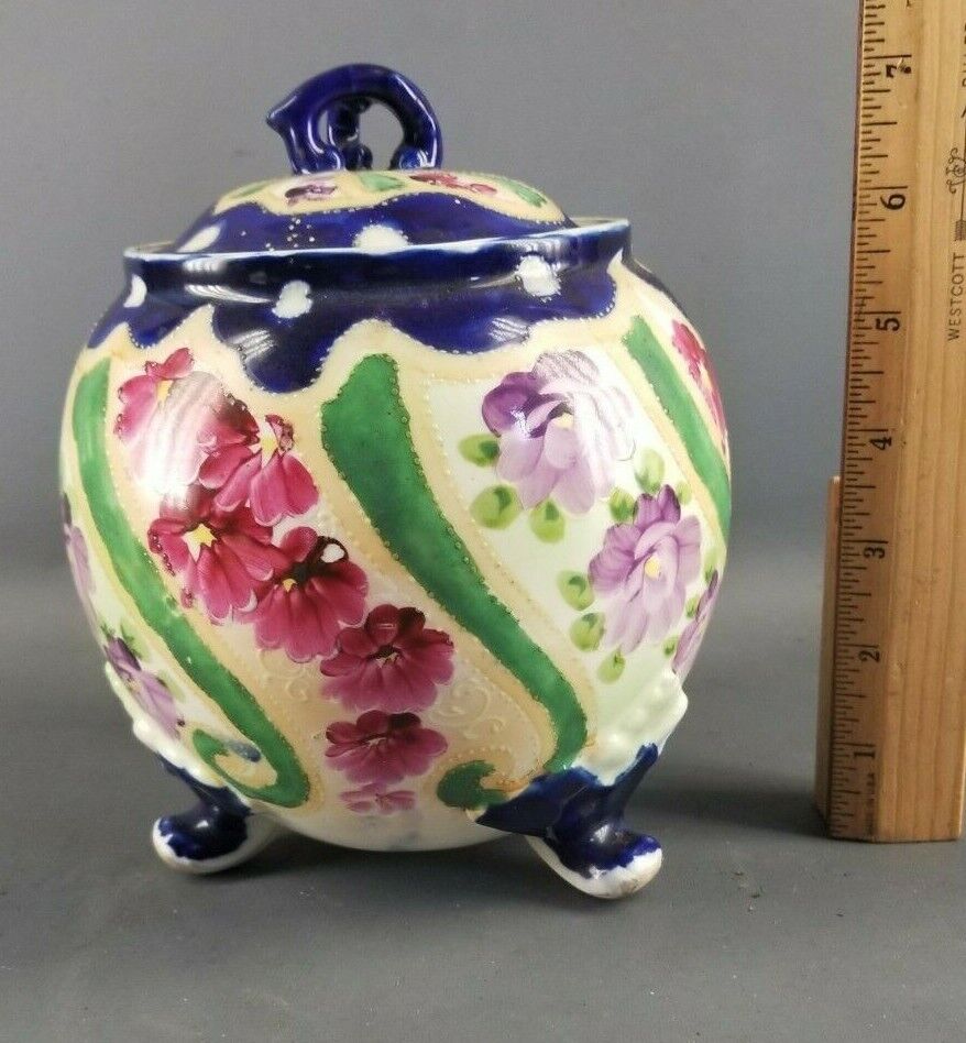 ANTIQUE HAND PAINTED BISCUIT TEA GINGER COVERED JAR