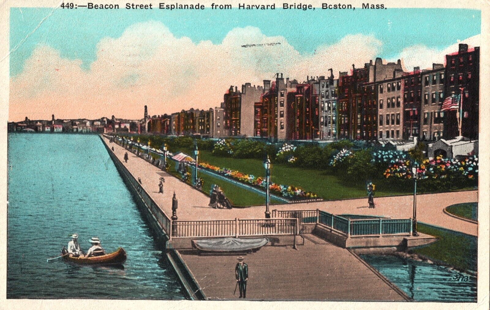 Beacon Street Esplanade from Harvard Bridge  Boston Mass Vintage 1928 Postcard
