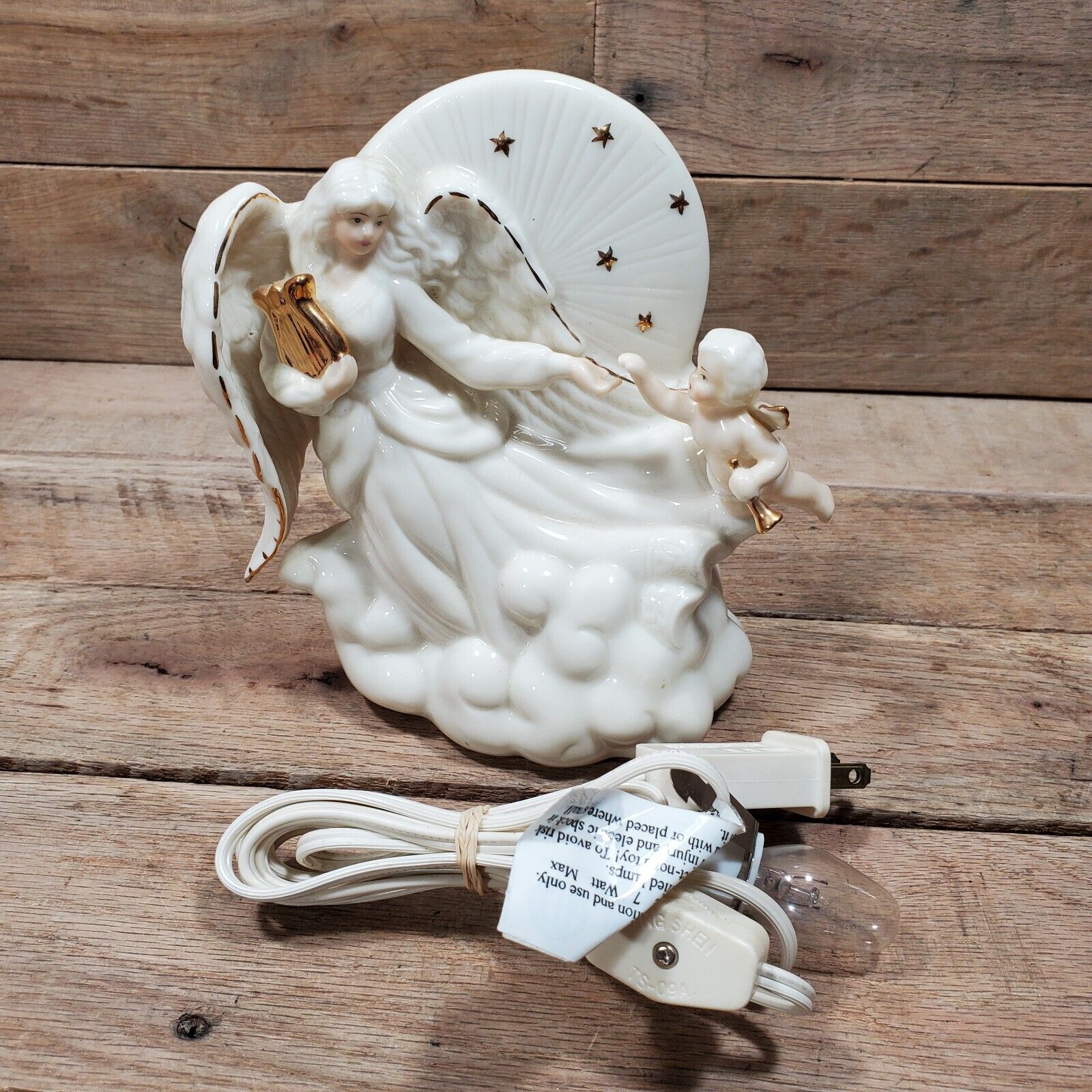 VTG Porcelain Angel & Cherub Lamp Ivory white with gold Night Light Angel Light