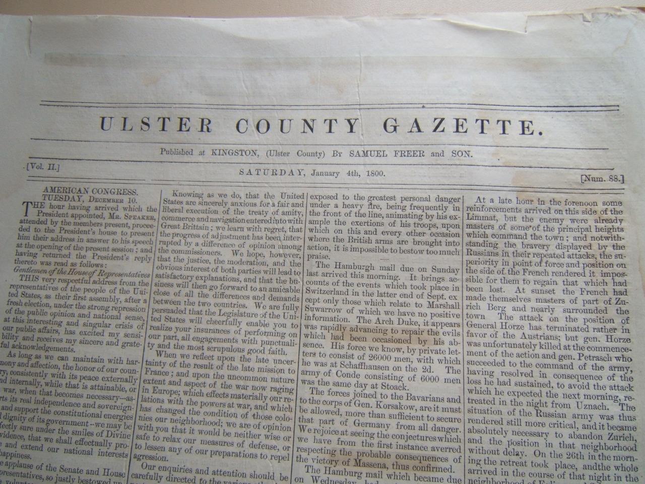 ANTIQUE JANUARY 4TH, 1800 ULSTER COUNTY GAZETTE NEWSPAPER REPRINT